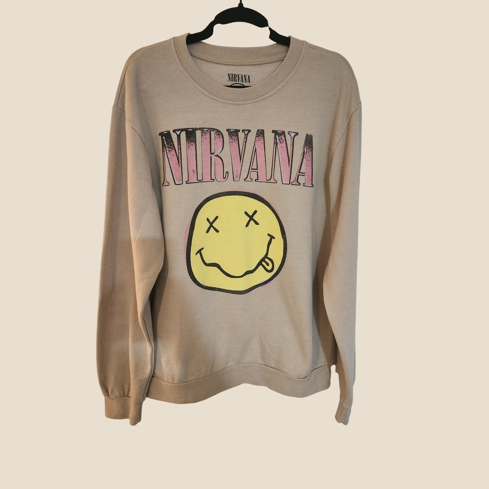 Nirvana Smiley Face Beige Sweatshirt Size L Band T Festival Streetwear Y2K